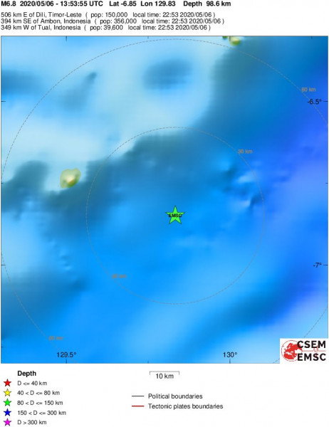Lokalizacja trzęsienia ziemi z 6 maja 2020 r., godz. 13:53:55.3 UTC w rejonie Morza Banda (Indonezja) w skali lokalnej - oprac. EMSC