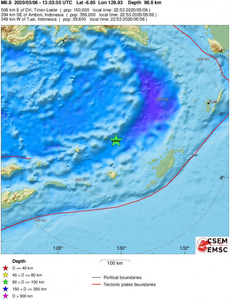 Lokalizacja trzęsienia ziemi z 6 maja 2020 r., godz. 13:53:55.3 UTC w rejonie Morza Banda (Indonezja) w skali regionalnej - oprac. EMSC