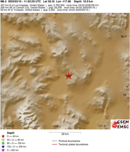 Lokalizacja epicentrum zjawiska sejsmicznego zarejestrowanych w regionie Nevady  (USA), 15 maja 2020 r., godz. 11:03:28.3, mapa w skali lokalnej (dane EMSC)