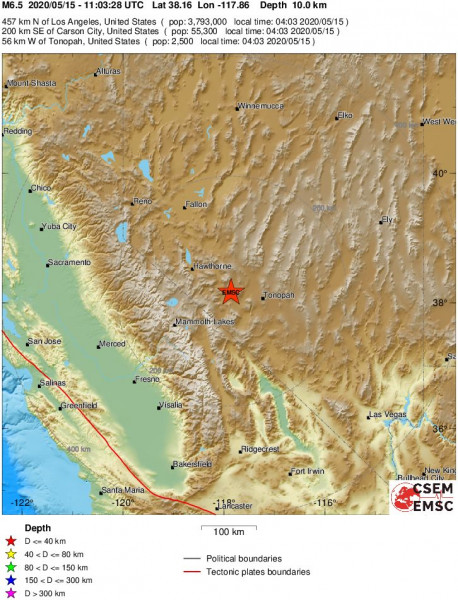 Lokalizacja trzęsienia zarejestrowanego w regionie Nevady  (USA), 15 maja 2020 r., godz. 11:03:28.3, mapa w skali regionalnej (dane EMSC)