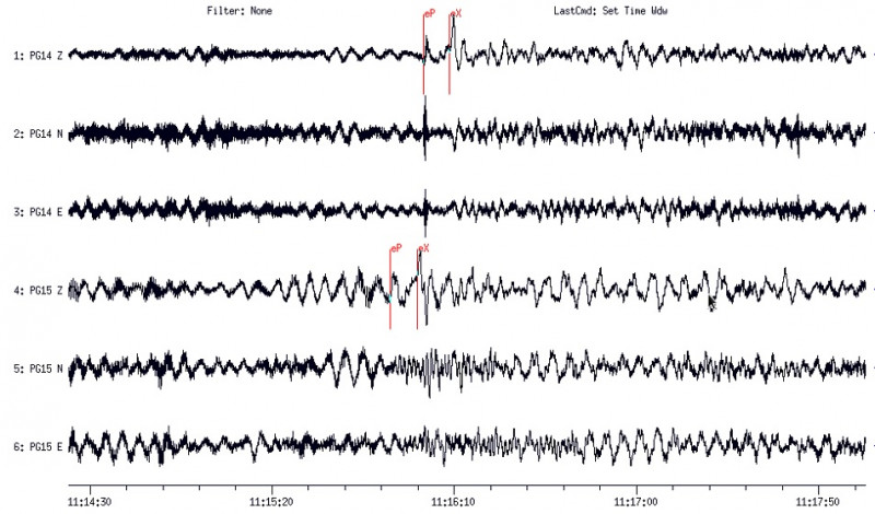 Obrazy falowe z zapisem rejestracji trzęsienia ziemi  w Nevadzie o magnitudzie M6.5 z 15 maja 2020 r., godz. 11:03:27 UTC  zarejestrowane przez szerokopasmowe stacje sejsmologiczne PSG w Hołownie w pow. parczewskim (PG14) i w Dziwiu w pow. kolskim (PG15). Pierwsze wstąpienia fali P dla stacji PG14 i PG15 (podane w czasie UTC): 15.05.2020:  PG14 eP: 11:16:01.967; 15.05.2020: PG15 eP: 11:15:52.770