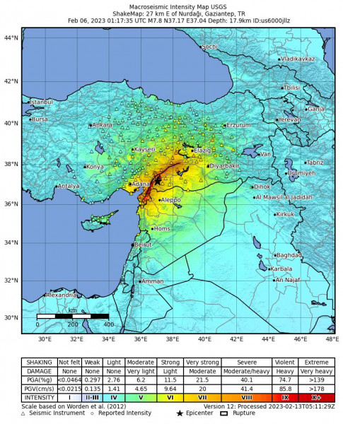 Mapa intensywności wstrząsów w trakcie trzęsienia ziemi o magnitudzie M7.8 z dnia 6 lutego 2023 r., godz. 01:17:36.1 UTC. (oprac. USGS)