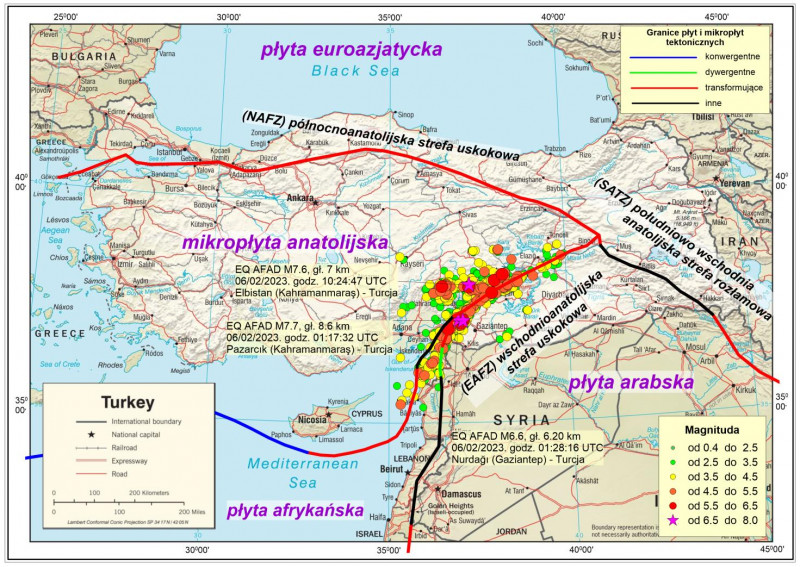 Lokalizacja epicentrów wtórnych zjawisk sejsmicznych zarejestrowanych do dnia 12 lutego 2023, godz. 18:11 po katastroficznym trzęsieniu ziemi o magnitudzie M7.8 z dnia 06 lutego 2023, godz. 01:17:36.1 UTC w rejonie wschodnioanatolijskiej strefy uskokowej EAFZ – Turcja (oprac. PSG, dane USGS, AFAD, mapa bazowa CIA)