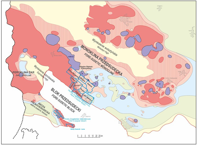 Mapa rozmieszczenia złóż rud miedzi i srebra oraz obszarów perspektywicznych w Polsce