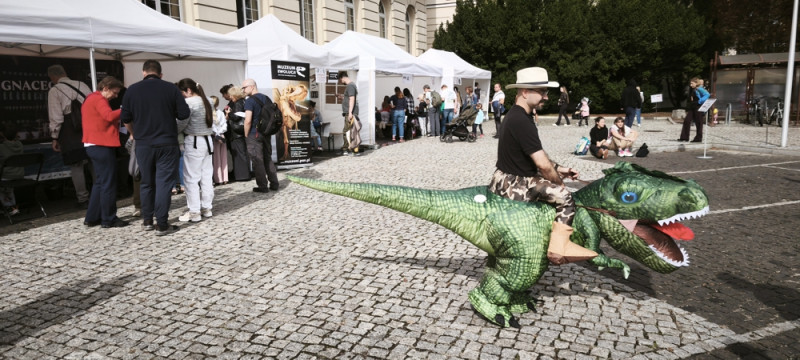 Dmuchany dinozaur spacerujący po terenie pikniku