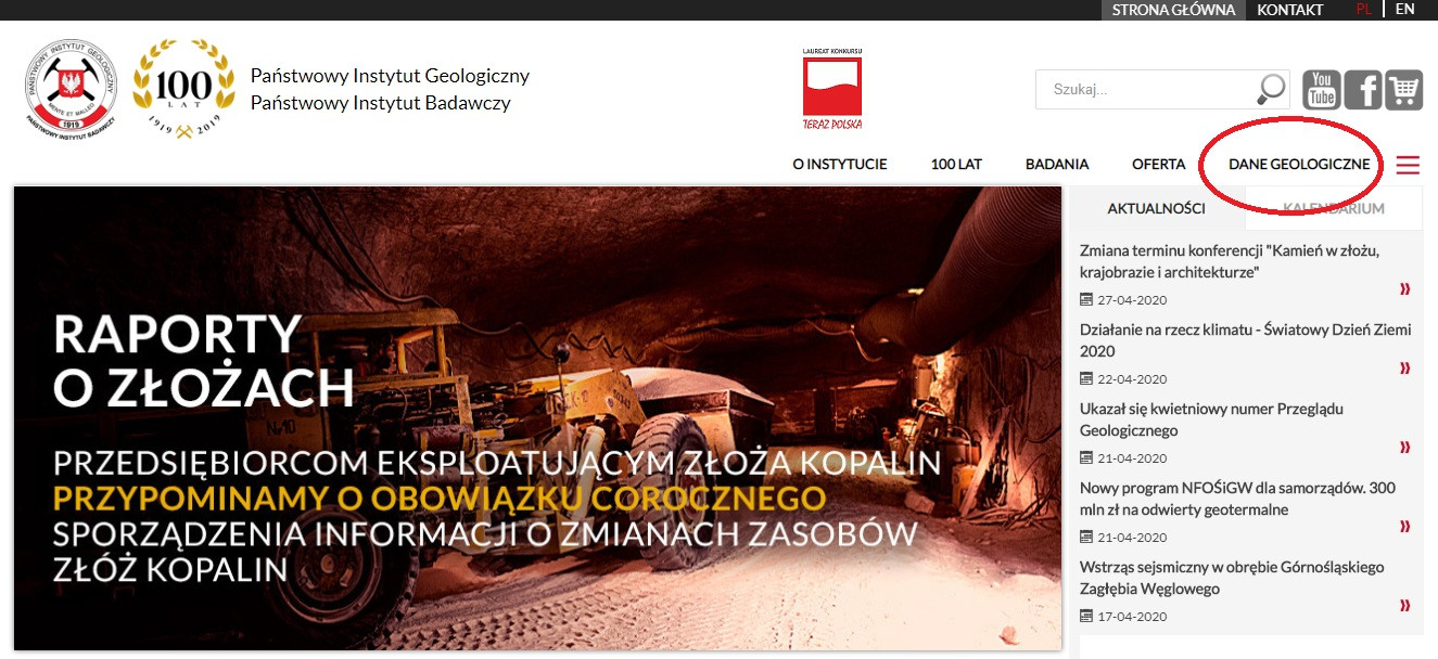 Zakładka dane geologiczne na stronie internetowej www.pgi.gov.pl