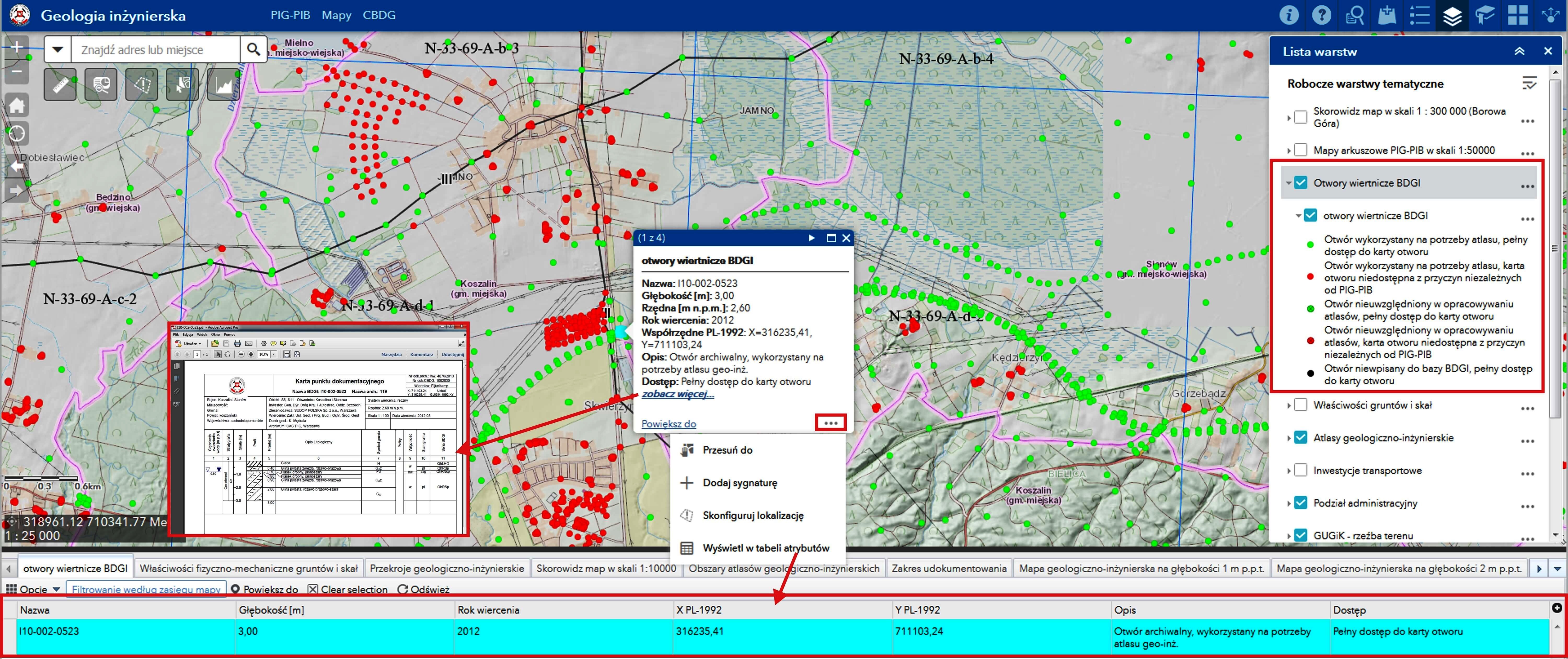 Portal CBDG. Widok aplikacji mapowej (Portal for ArcGIS) prezentujący warstwę otworów geologiczno-inżynierskich wraz z danymi opisowymi