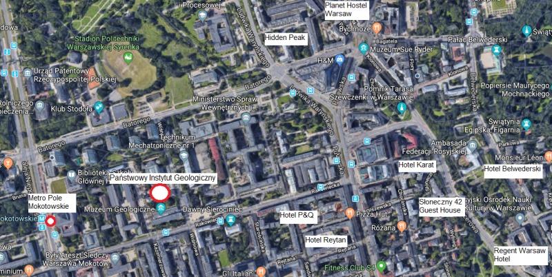 mapa hotele w pobliżu siedziby Państwowego Instytutu Geologicznego w Warszawie