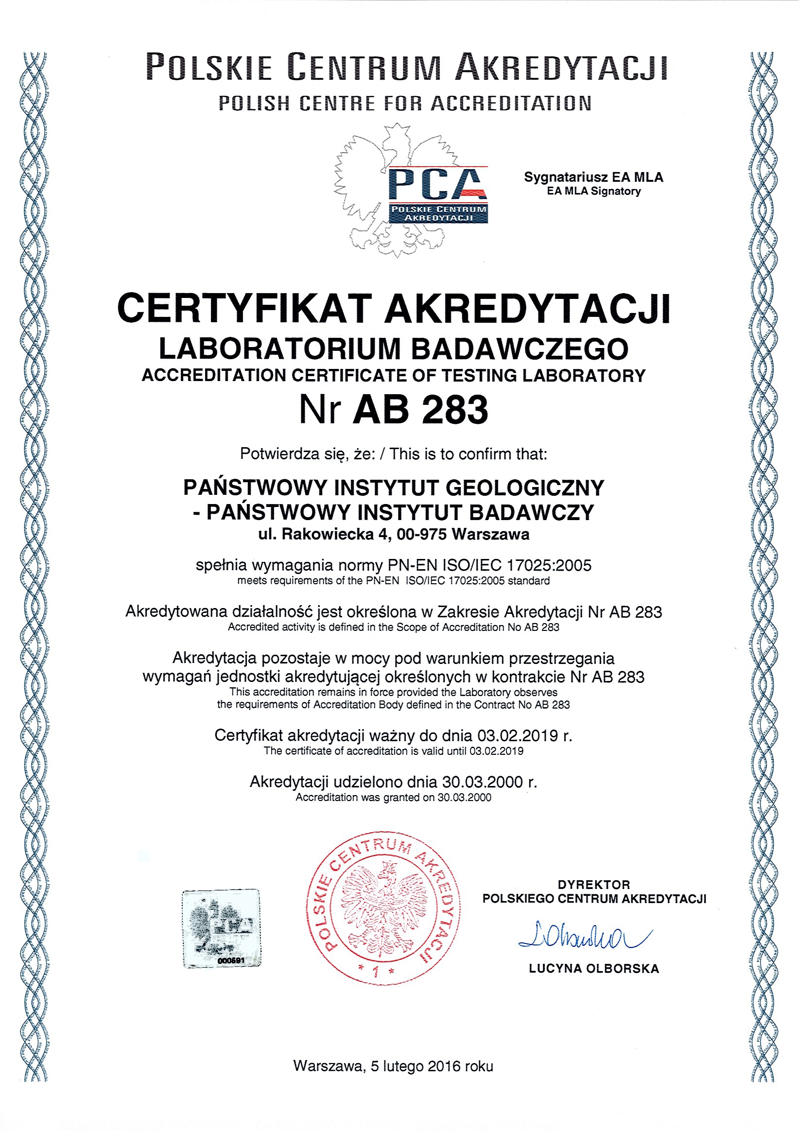 miniatura certyfikatu laboratorium chemicznego