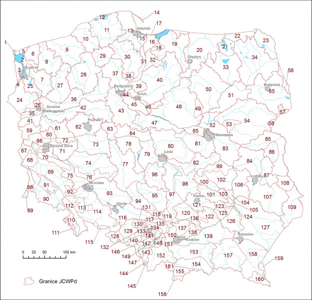 Mapa Polski z podziałem na 161 jednolite części wód podziemnych