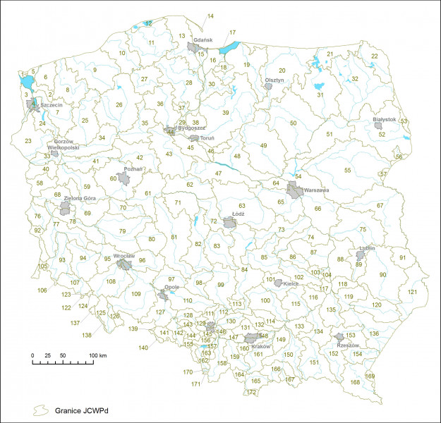 Mapa Polski z podziałem na 172 jednolite części wód podziemnych