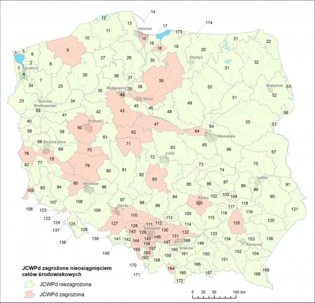 Mapa Polski z podziałem na 174 jednolite części wód podziemnych zagrożone nieosiągnięciem celów środowiskowych