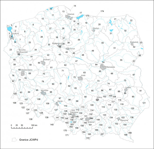 Mapa Polski z podziałem na 174 jednolite części wód podziemnych