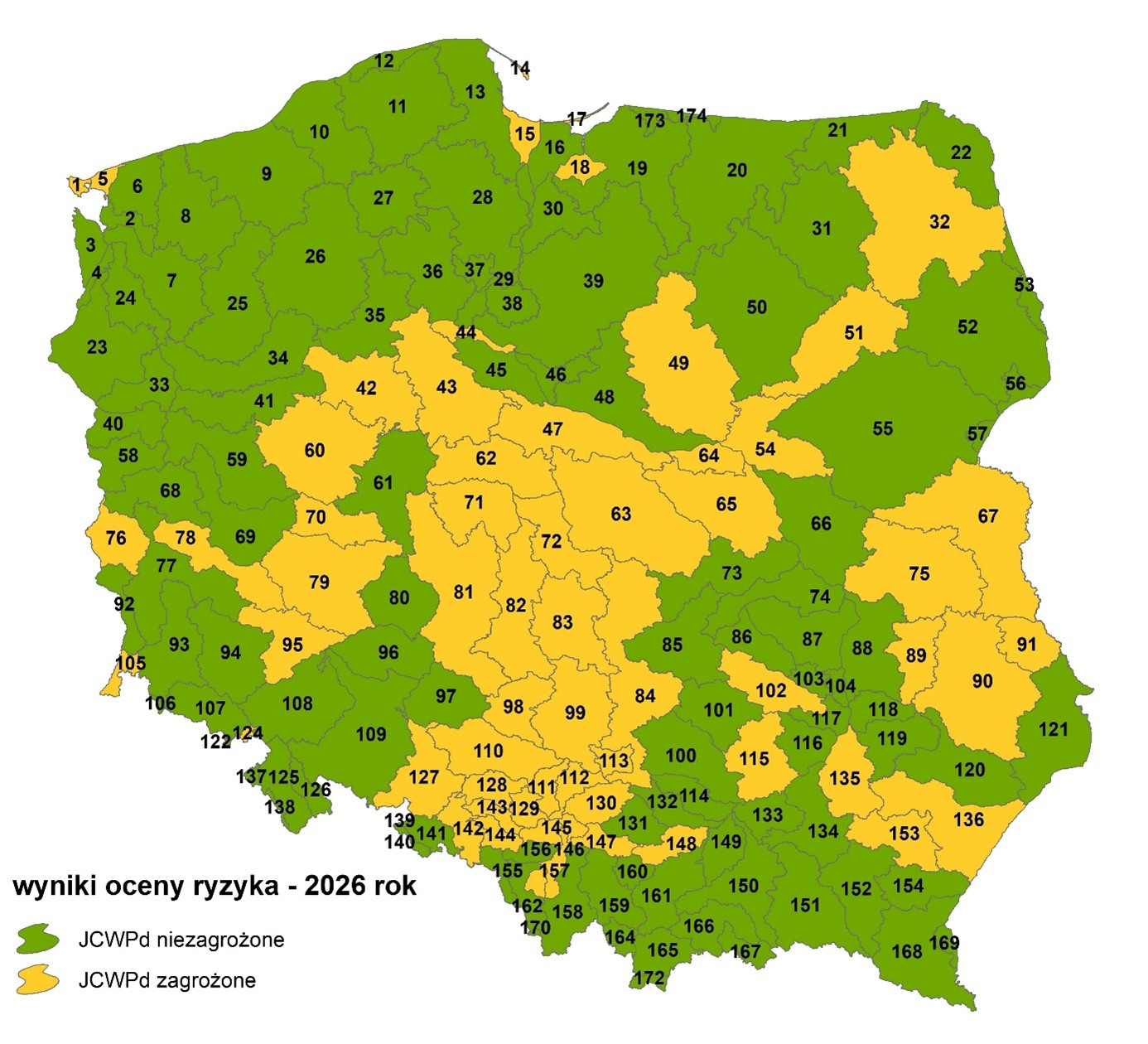 Mapa Polski z podziałem na 174 jednolite części wód podziemnych - wyniki oceny ryzyka - 2006 rok