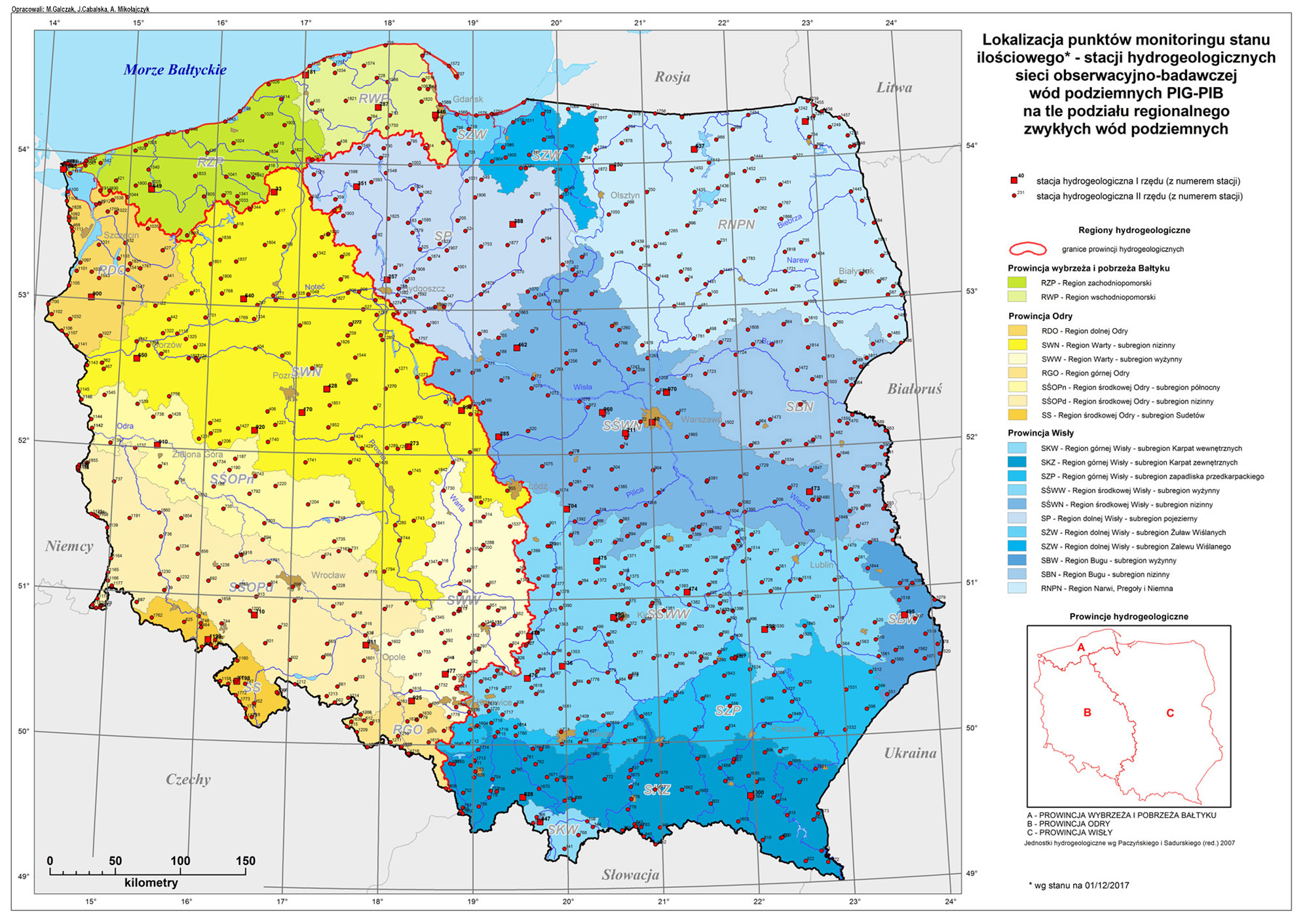 Lokalizacja punktów monitoringu stanu ilościowego – stacji hydrogeologicznych sieci obserwacyjno-badawczej wód podziemnych PIG-PIB na tle podziału regionalnego zwykłych wód podziemnych.