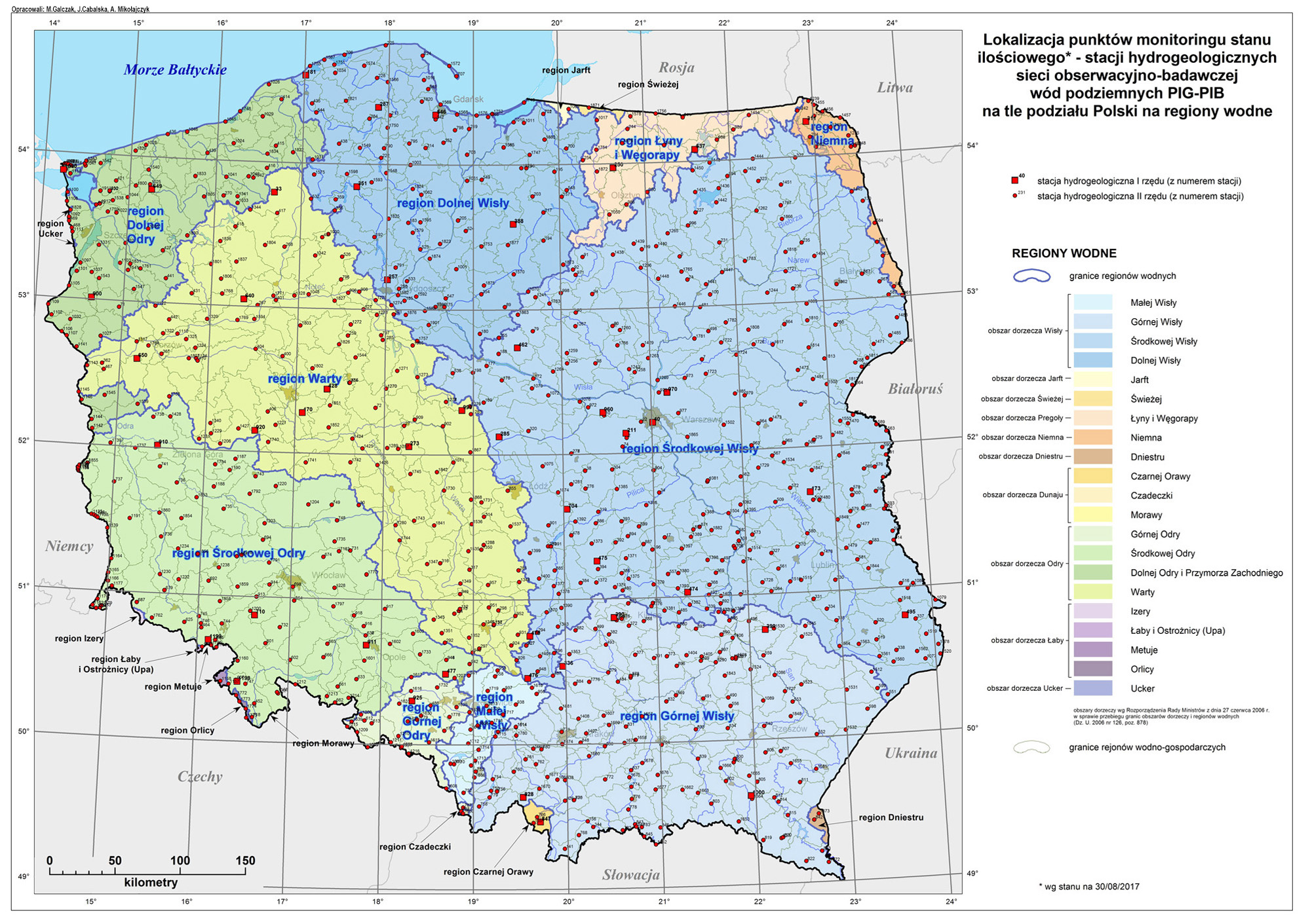 Lokalizacja punktów monitoringu stanu ilościowego – stacji hydrogeologicznych sieci obserwacyjno-badawczej wód podziemnych PIG-PIB na tle podziału Polski na regiony wodne.