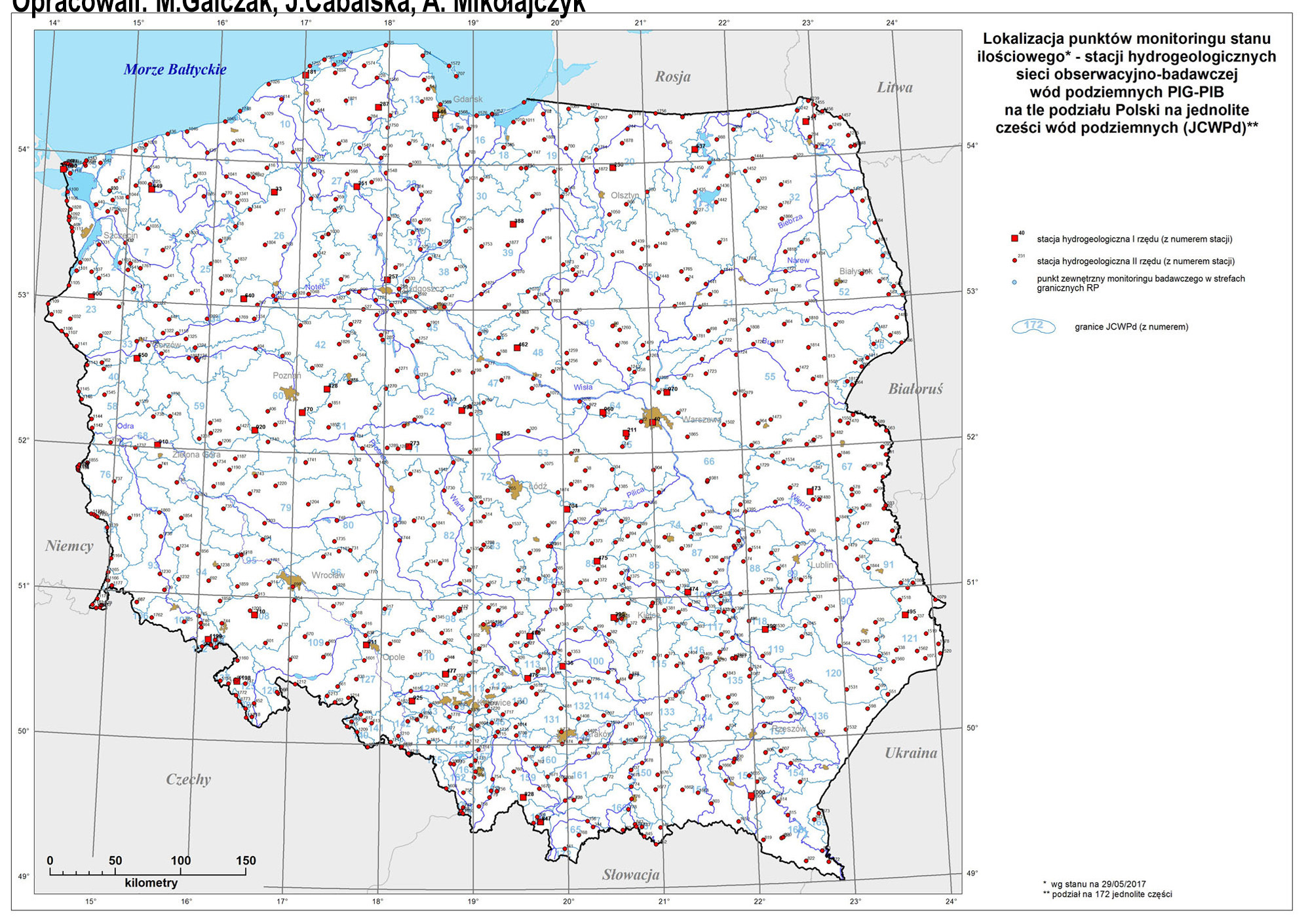 Lokalizacja punktów monitoringu stanu ilościowego – stacji hydrogeologicznych sieci obserwacyjno-badawczej wód podziemnych PIG-PIB na tle podziału Polski na jednolite części wód podziemnych (JCWPd) – podział na 172 jednolitych części.