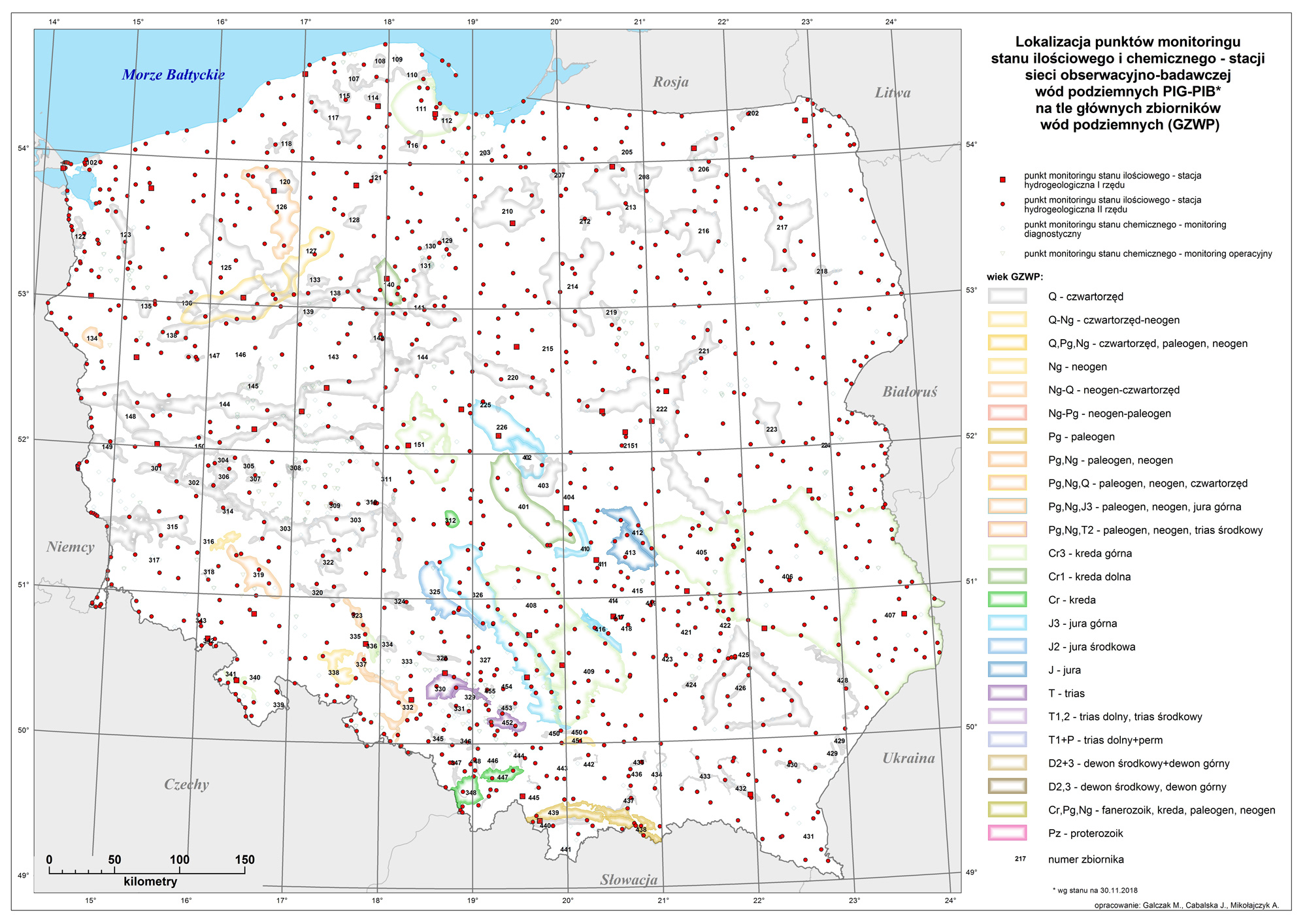 Lokalizacja punktów monitoringu stanu ilościowego i chemicznego – stacji sieci obserwacyjno-badawczej wód podziemnych PIG-PIB na tle głównych zbiorników wód podziemnych (GZWP).