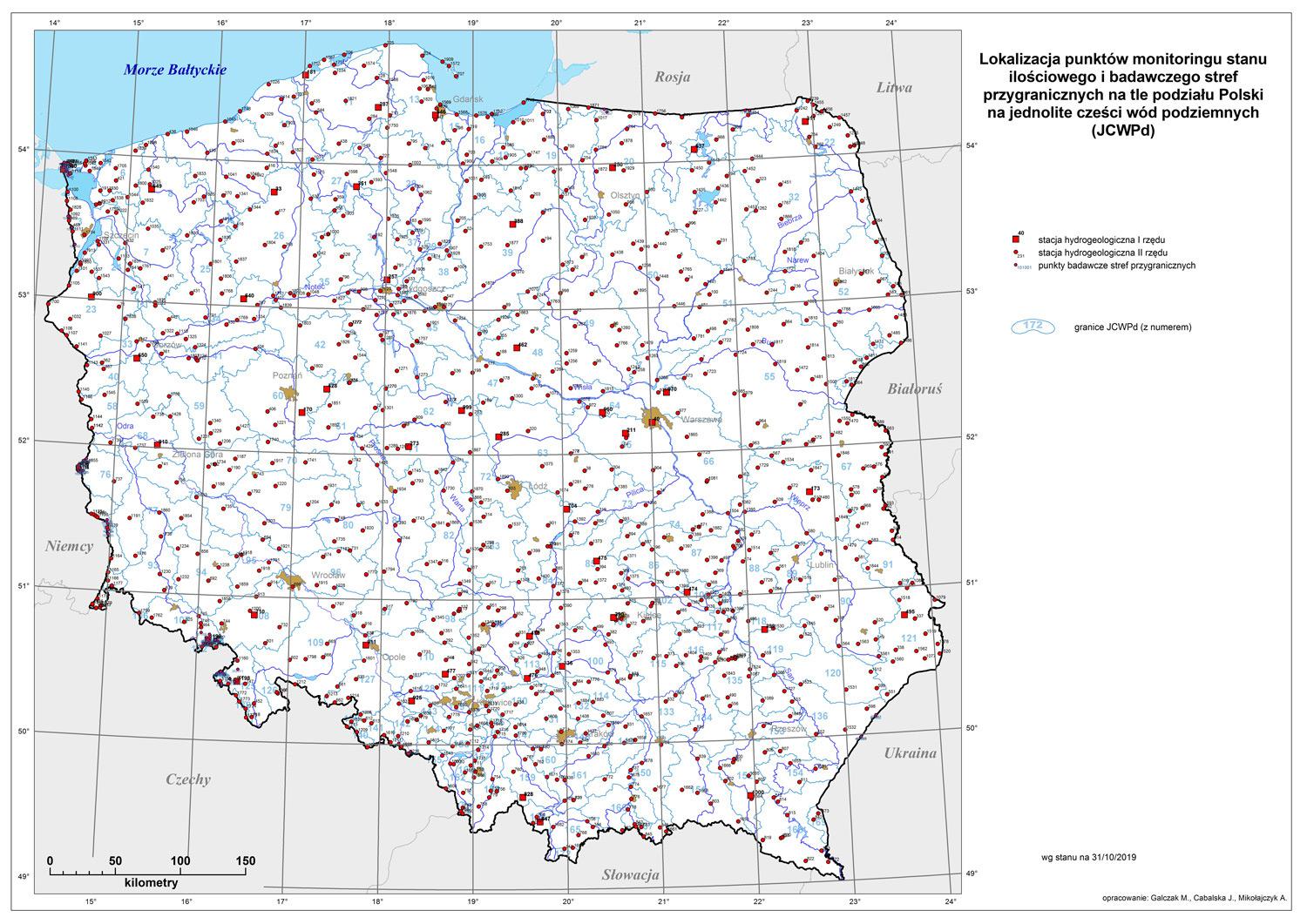 Lokalizacja punktów monitoringu stanu ilościowego – stacji hydrogeologicznych sieci obserwacyjno-badawczej wód podziemnych PIG-PIB na tle podziału Polski na jednolite części wód podziemnych (JCWPd) – podział na 172 jednolitych części.