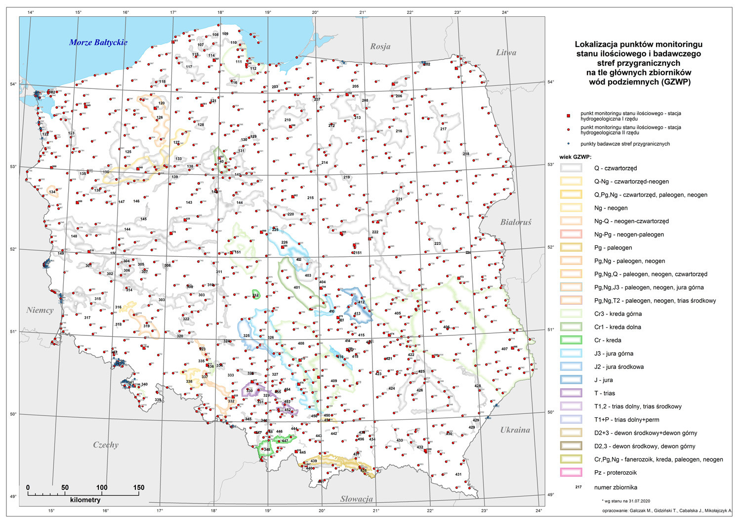 Lokalizacja punktów monitoringu stanu ilościowego i chemicznego – stacji sieci obserwacyjno-badawczej wód podziemnych PIG-PIB na tle głównych zbiorników wód podziemnych (GZWP).