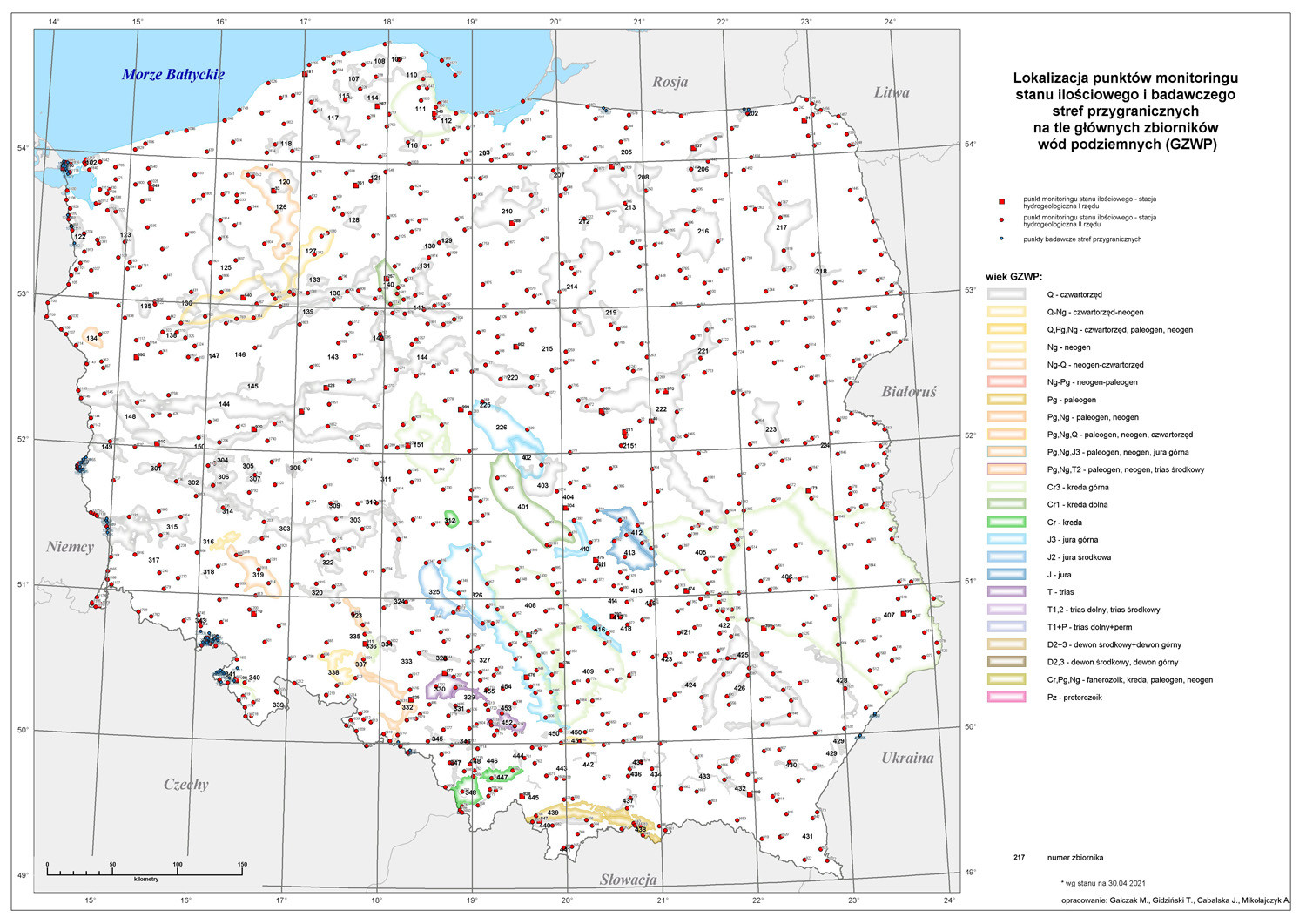 Lokalizacja punktów monitoringu stanu ilościowego i chemicznego – stacji sieci obserwacyjno-badawczej wód podziemnych PIG-PIB na tle głównych zbiorników wód podziemnych (GZWP).