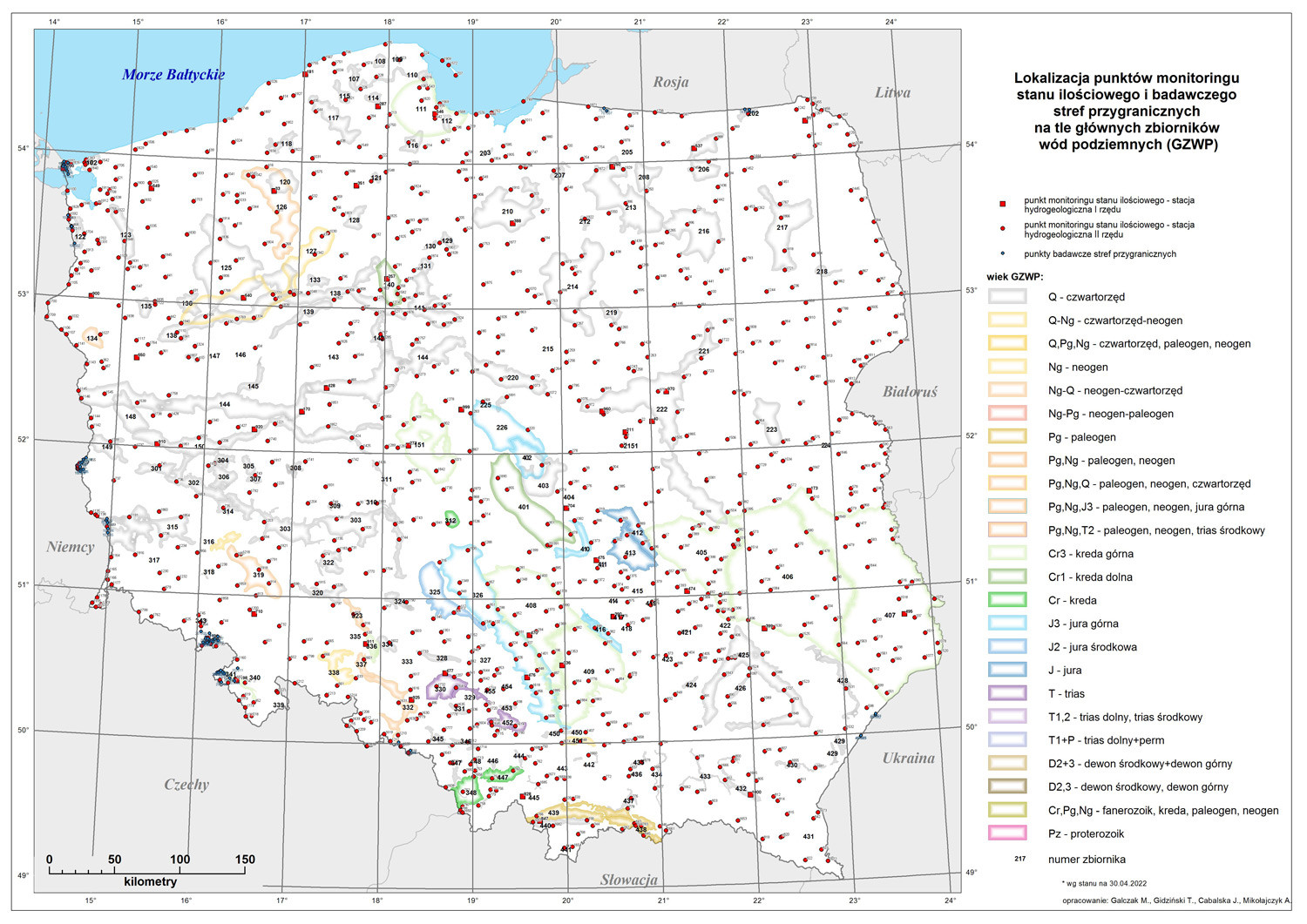 Lokalizacja punktów monitoringu stanu ilościowego i chemicznego – stacji sieci obserwacyjno-badawczej wód podziemnych PIG-PIB na tle głównych zbiorników wód podziemnych (GZWP).