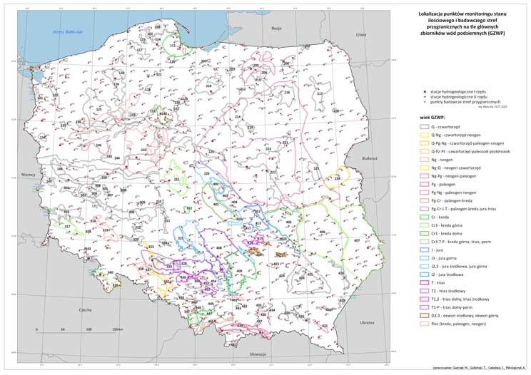 Mapa przedstawiająca lokalizację punktów monitoringu stanu ilościowego i chemicznego – stacji sieci obserwacyjno-badawczej wód podziemnych PIG-PIB na tle głównych zbiorników wód podziemnych (GZWP).