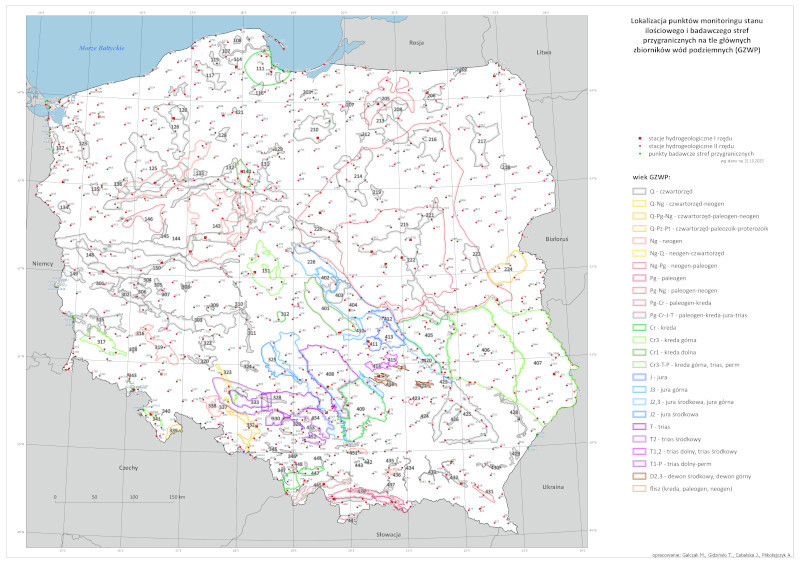 Mapa przedstawiająca lokalizację punktów monitoringu stanu ilościowego i chemicznego – stacji sieci obserwacyjno-badawczej wód podziemnych PIG-PIB na tle głównych zbiorników wód podziemnych (GZWP).