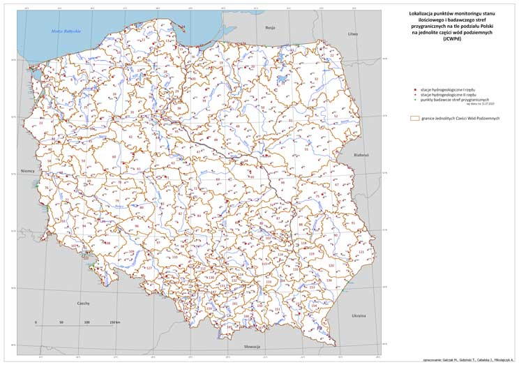 Mapa przedstawiająca lokalizację punktów monitoringu stanu ilościowego – stacji hydrogeologicznych sieci obserwacyjno-badawczej wód podziemnych PIG-PIB na tle podziału Polski na jednolite części wód podziemnych (JCWPd) – podział na 174 jednolitych części.