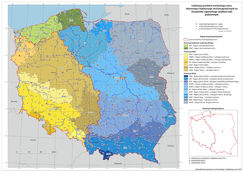 Mapa przedstawiająca lokalizację punktów monitoringu stanu ilościowego – stacji hydrogeologicznych sieci obserwacyjno-badawczej wód podziemnych PIG-PIB na tle podziału regionalnego zwykłych wód podziemnych.