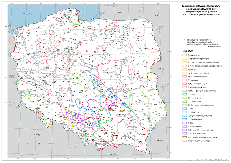 Mapa przedstawiająca lokalizację punktów monitoringu stanu ilościowego i chemicznego – stacji sieci obserwacyjno-badawczej wód podziemnych PIG-PIB na tle głównych zbiorników wód podziemnych (GZWP).