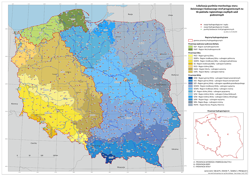 Mapa przedstawiająca lokalizację punktów monitoringu stanu ilościowego – stacji hydrogeologicznych sieci obserwacyjno-badawczej wód podziemnych PIG-PIB na tle podziału regionalnego zwykłych wód podziemnych.