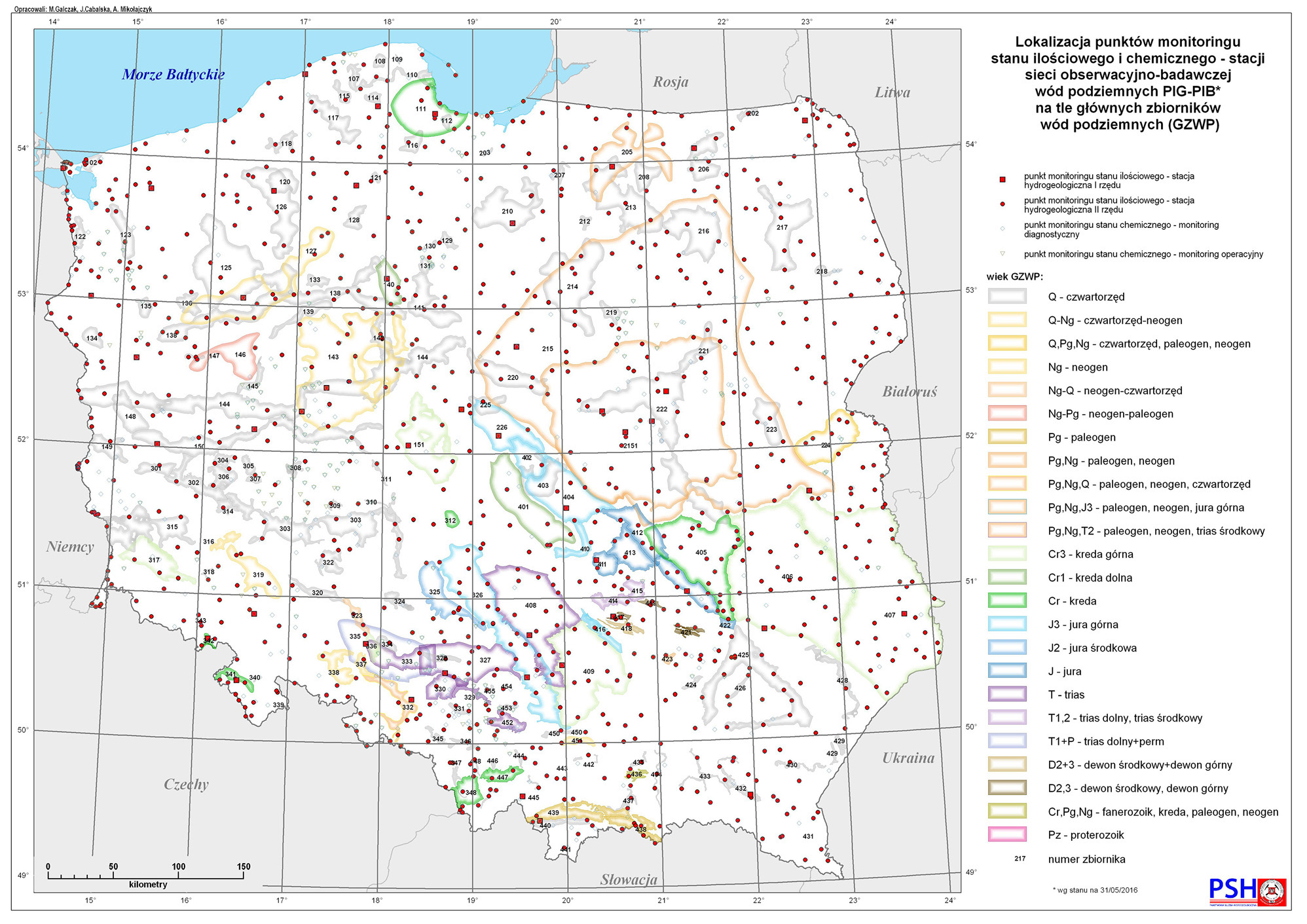 Lokalizacja punktów monitoringu stanu ilościowego i chemicznego – stacji sieci obserwacyjno-badawczej wód podziemnych PIG-PIB na tle głównych zbiorników wód podziemnych (GZWP)