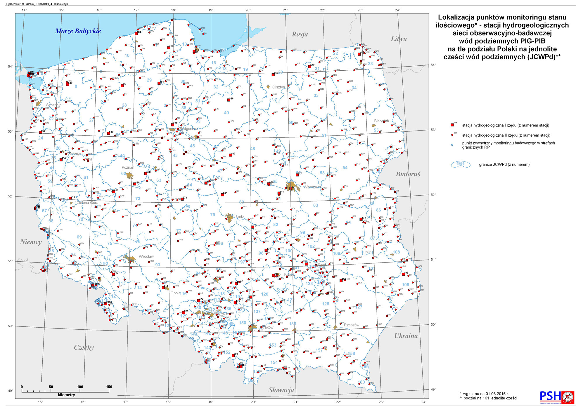 Lokalizacja punktów monitoringu stanu ilościowego – stacji hydrogeologicznych sieci obserwacyjno-badawczej wód podziemnych PIG-PIB na tle podziału Polski na jednolite części wód podziemnych (JCWPd) – podział na 161 jednolitych części