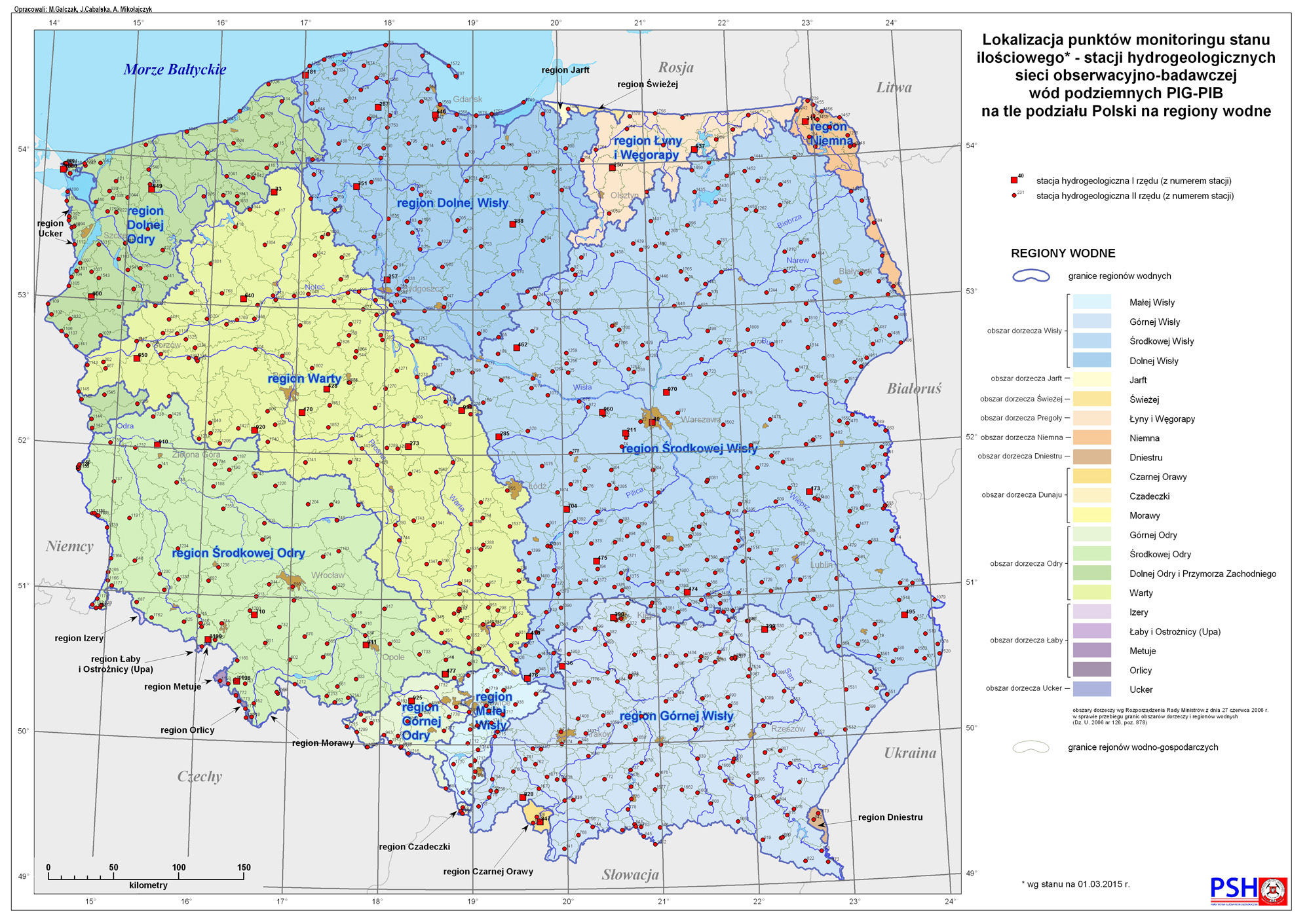 Lokalizacja punktów monitoringu stanu ilościowego – stacji hydrogeologicznych sieci obserwacyjno-badawczej wód podziemnych PIG-PIB na tle podziału Polski na regiony wodne