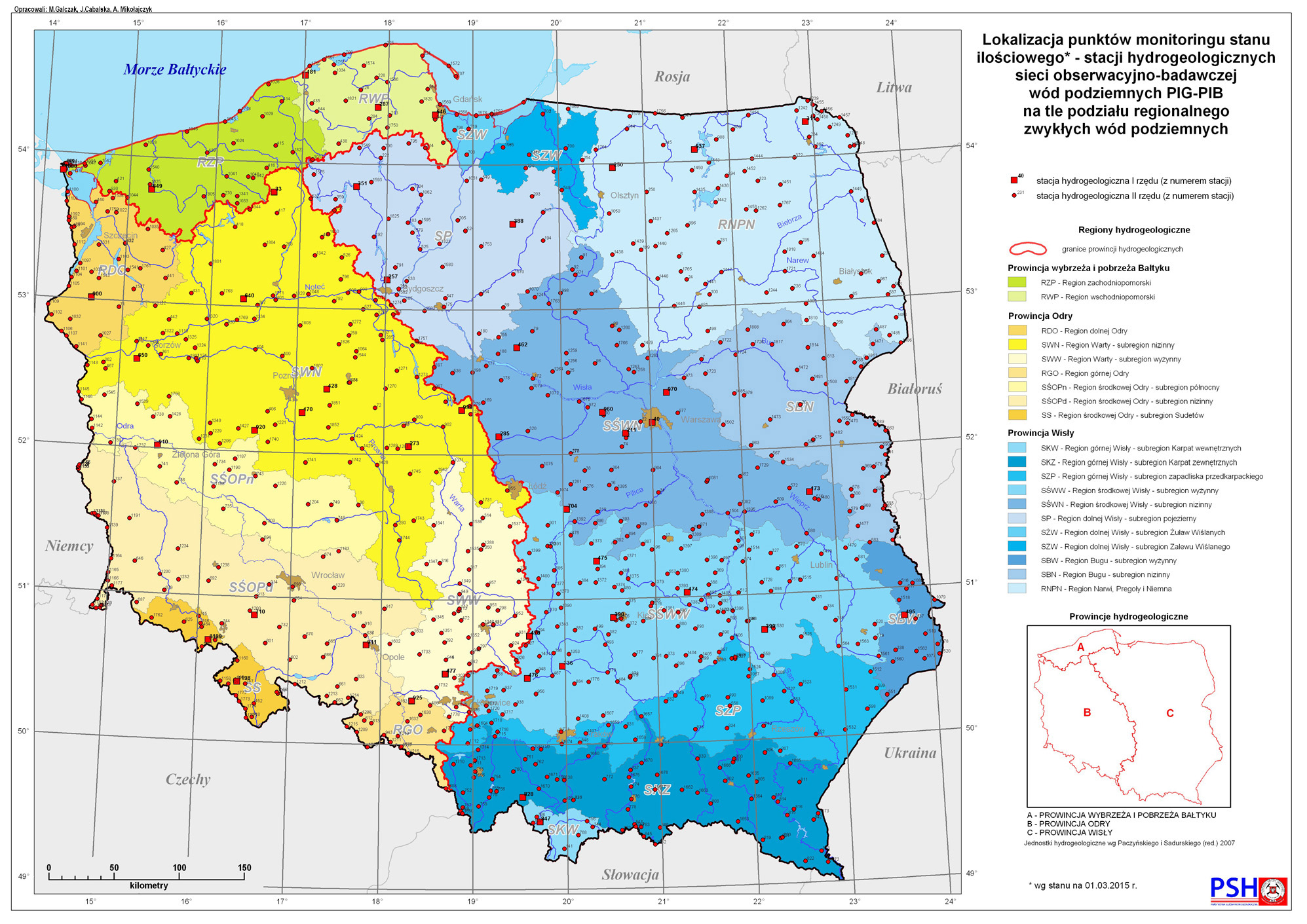 Lokalizacja punktów monitoringu stanu ilościowego – stacji hydrogeologicznych sieci obserwacyjno-badawczej wód podziemnych PIG-PIB na tle podziału regionalnego zwykłych wód podziemnych