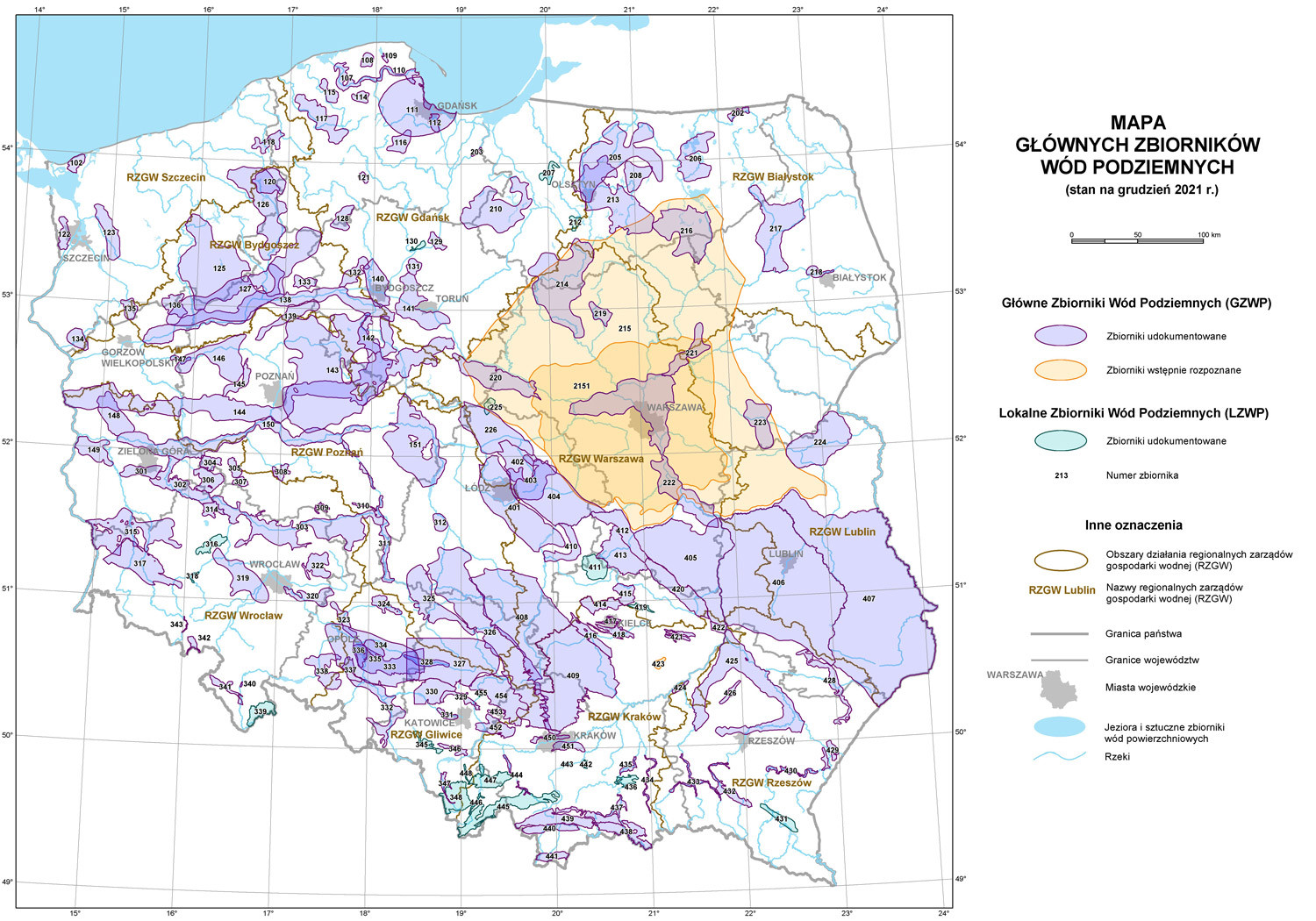 Mapa Głównych Zbiorników Wodnych stan na grudzień 2021