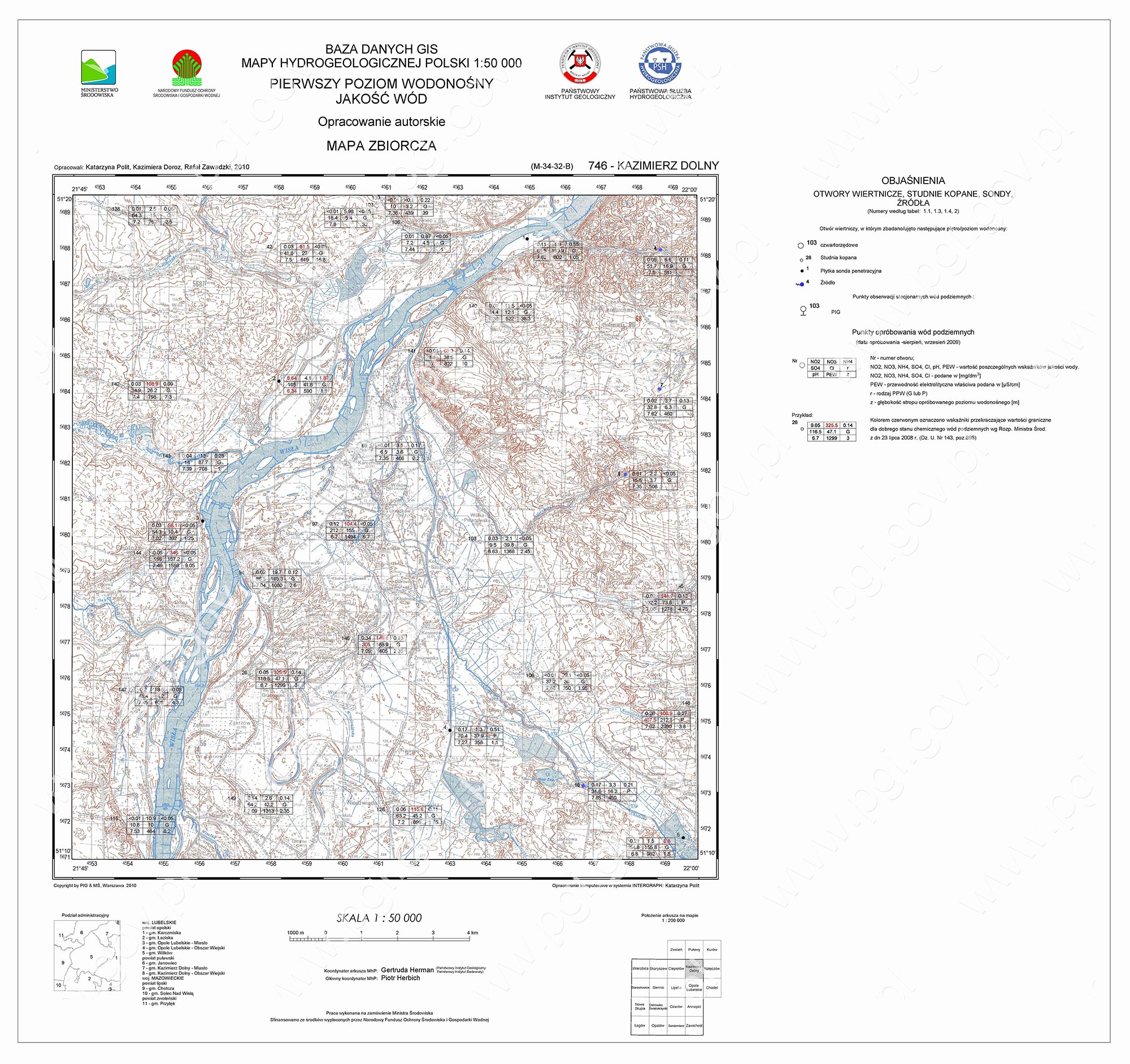 Przykład arkusza Mapy Hydrogeologicznej Polski - Pierwszy Poziom Wodonośny - Jakość wód