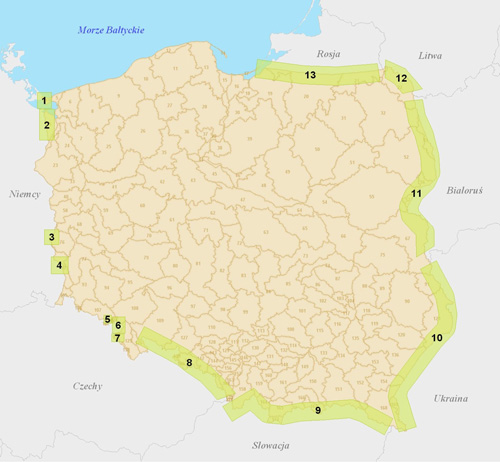 Mapa z lokalizacją sieci monitoringu wód podziemnych w strefach przygranicznych Polski.