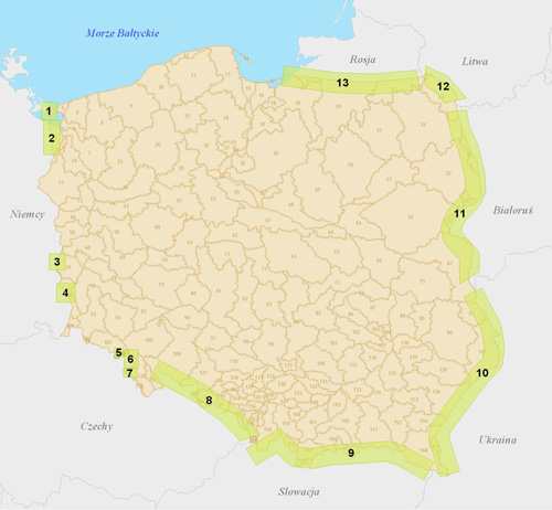 Lokalizacja sieci monitoringu wód podziemnych w strefach przygranicznych Polski Mapa z lokalizacją sieci monitoringu wód podziemnych w strefach przygranicznych Polski.