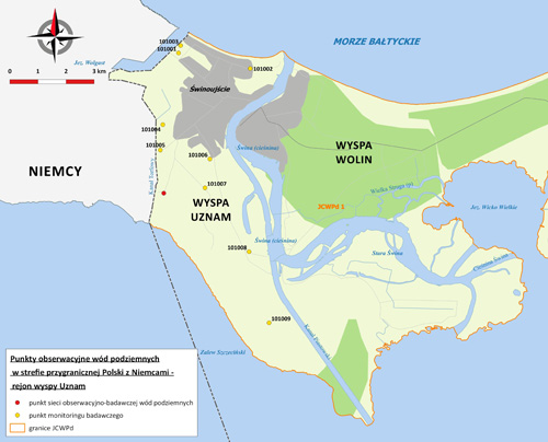 Mapa z lokalizacją punktów obserwacyjnych sieci monitoringu badawczego wód podziemnych w strefie przygranicznej polskiej części wyspy Uznam