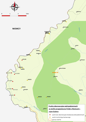 Mapa z lokalizacją punktów obserwacyjnych sieci monitoringu badawczego i sieci obserwacyjno-badawczej wód podziemnych w strefie przygranicznej Polski z Niemcami, w rejonie Gubina