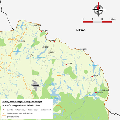 Mapa punktów sieci obserwacyjno-badawczej wód podziemnych, zlokalizowanych w strefie przygranicznej Polski z Republiką Litewską 
