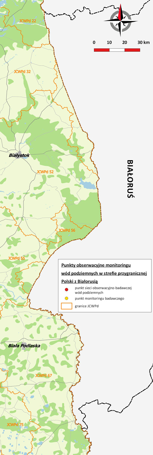 Mapa punktów sieci obserwacyjno-badawczej wód podziemnych, zlokalizowanych w strefie przygranicznej Polski z Białorusią