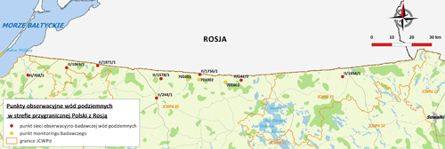 Mapa punktów sieci obserwacyjno-badawczej wód podziemnych, znajdujących się w strefie przygranicznej Polski z obwodem kaliningradzkim Federacji Rosyjskiej