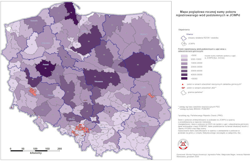 Mapa rocznej sumy poboru rejestrowanego wód podziemnych w JCWPd w 2025 (mapa poglądowa)