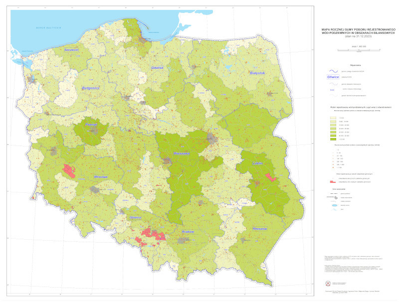 Mapa rocznej sumy poboru rejestrowanego wód podziemnych w obszarach bilansowych w 2025 (mapa poglądowa)