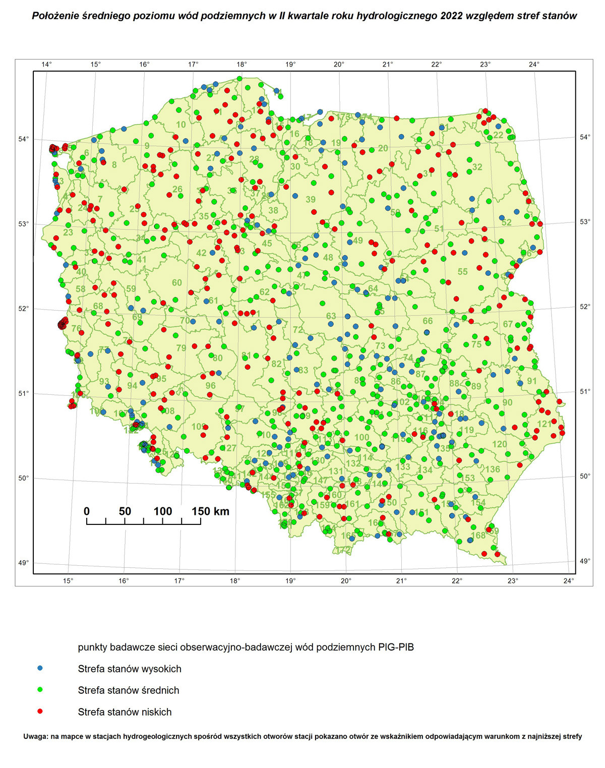 Poziom wód podziemnych w II kwartale roku hydrologicznego 2022 w punktach badawczych sieci SOBWP. Mapa Polski z lokalizacją punktów z zaznaczonymi strefami stanów wód podziemnych