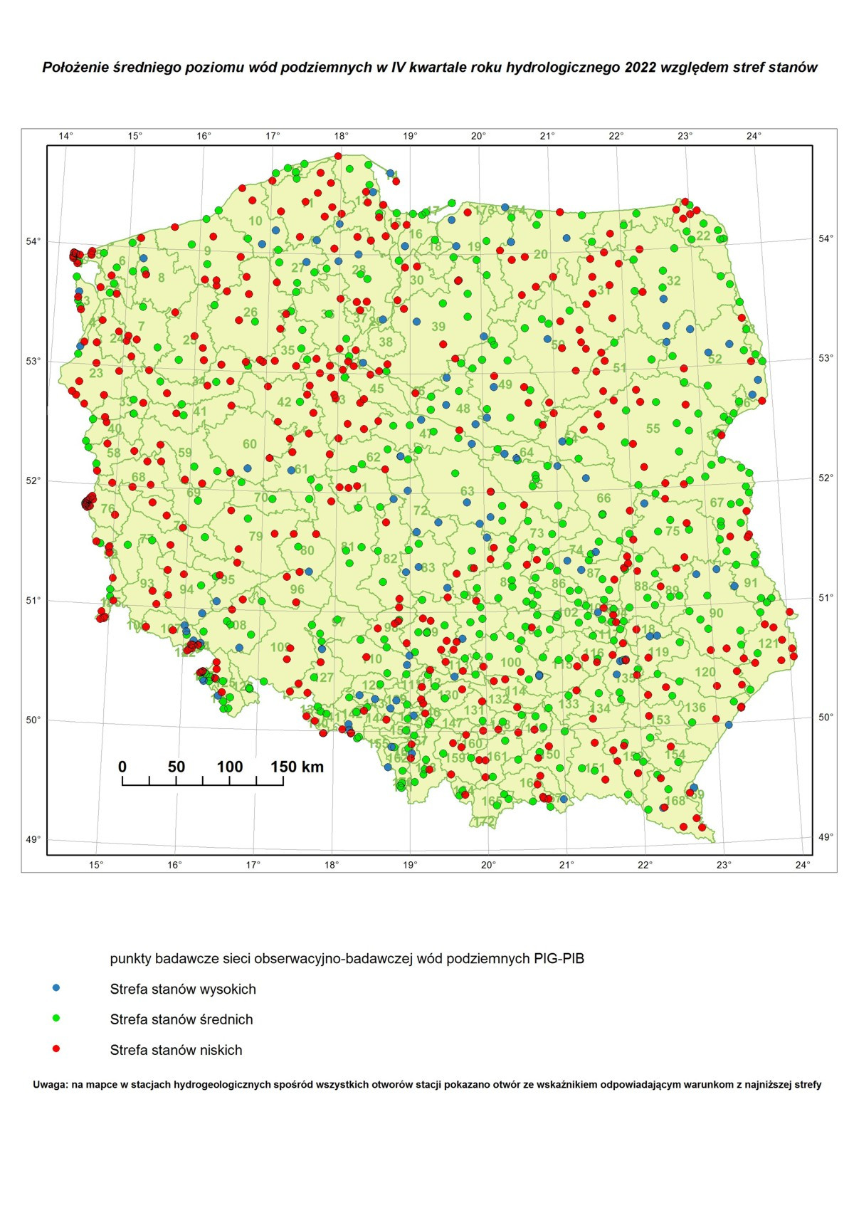 Poziom wód podziemnych w IV kwartale roku hydrologicznego 2022 w punktach badawczych sieci SOBWP. Mapa Polski z lokalizacją punktów z zaznaczonymi strefami stanów wód podziemnych