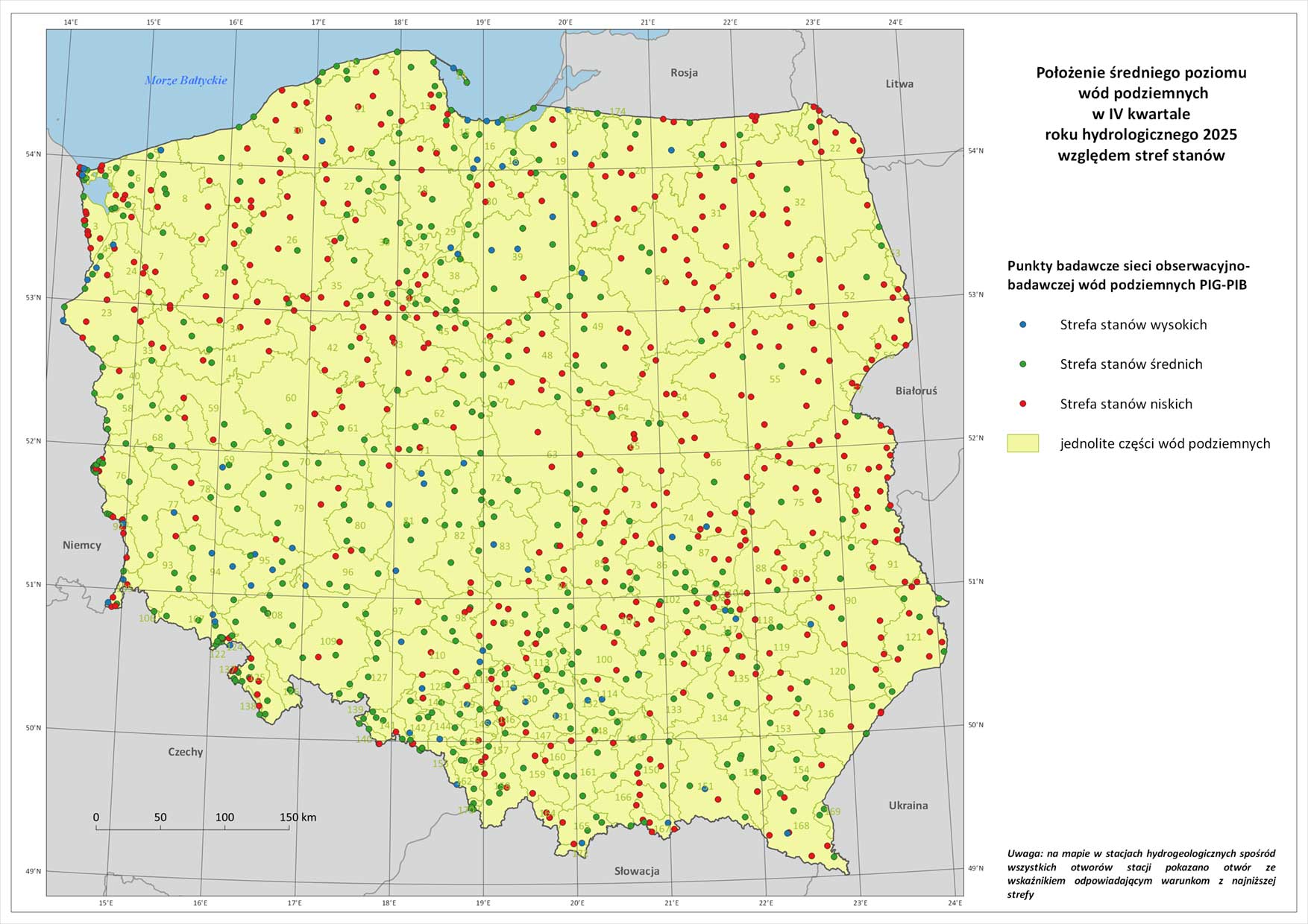 Poziom wód podziemnych w IV kwartale roku hydrologicznego 2025 w punktach badawczych sieci SOBWP. Mapa Polski z lokalizacją punktów z zaznaczonymi strefami stanów wód podziemnych